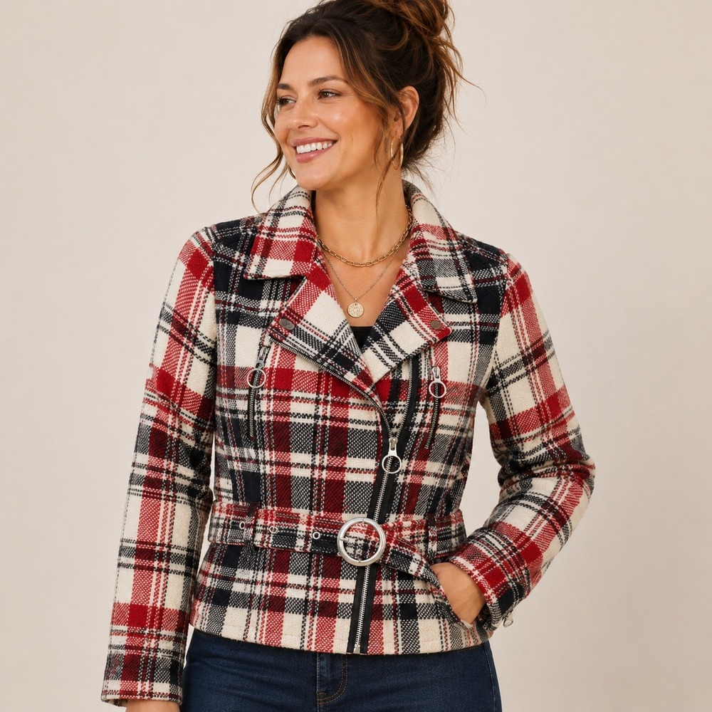 Express Womens M Wool Blend Plaid Moto Jacket Red Black Belted Y2K Indie Sleaze